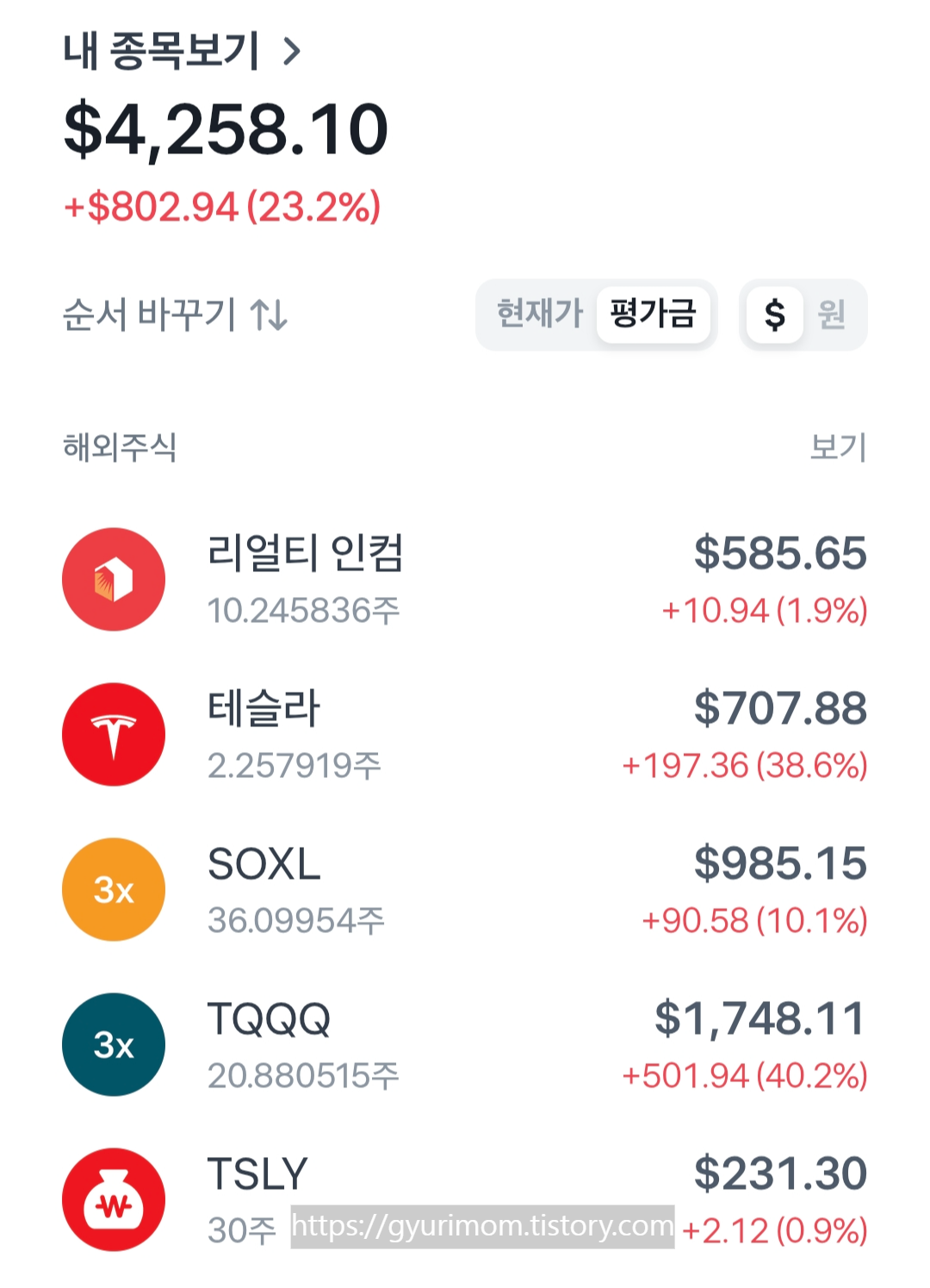 토스주식모으기 후기 TQQQ SOXL 리얼티인컴