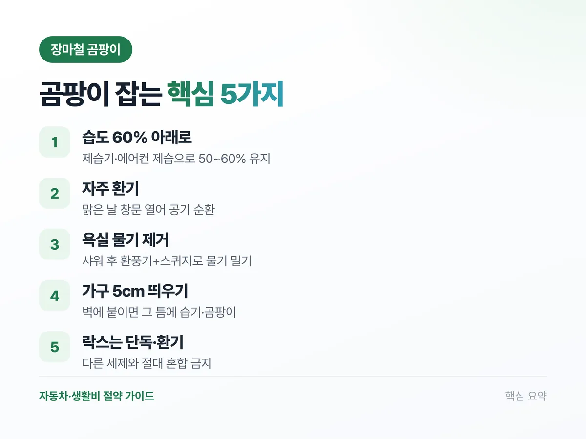 장마철 곰팡이 잡는 5가지 요약 인포그래픽: 습도 60% 아래, 자주 환기, 욕실 물기 제거, 가구 5cm 띄우기, 락스 단독 사용