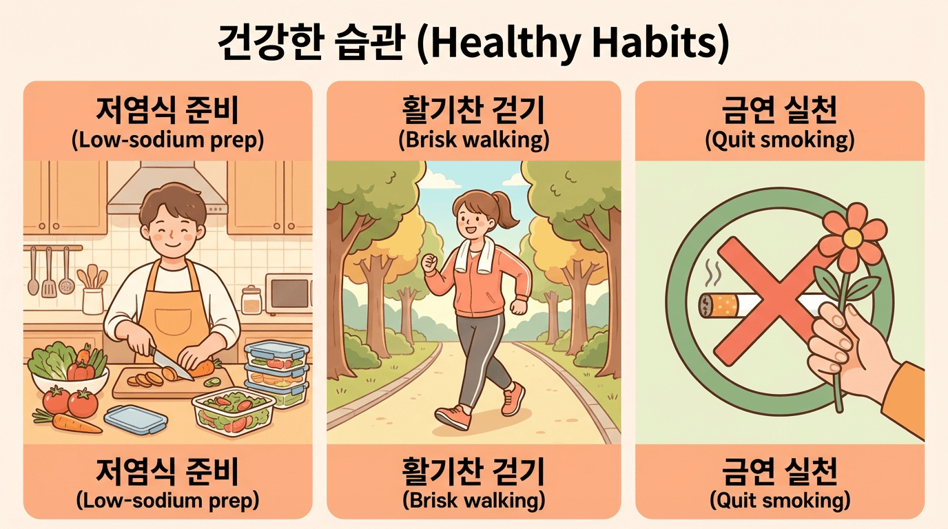 저염식·걷기·금연 세 가지를 시각적으로 정리한 일러스트