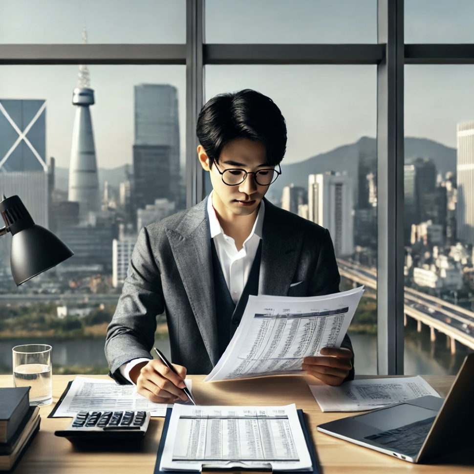 회계 전문가가 법인세 관련 서류를 검토하며 업무를 진행하는 모습