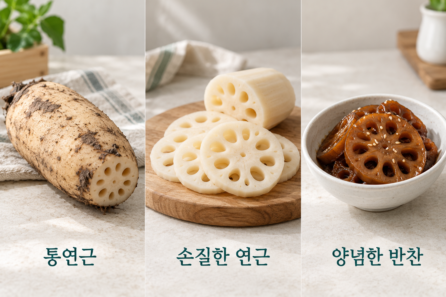 통연근과 손질한 연근, 양념한 연근조림을 구분한 모습