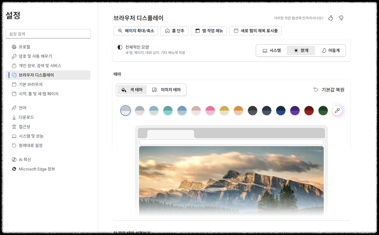 엣지 브라우저 설정 창 모습