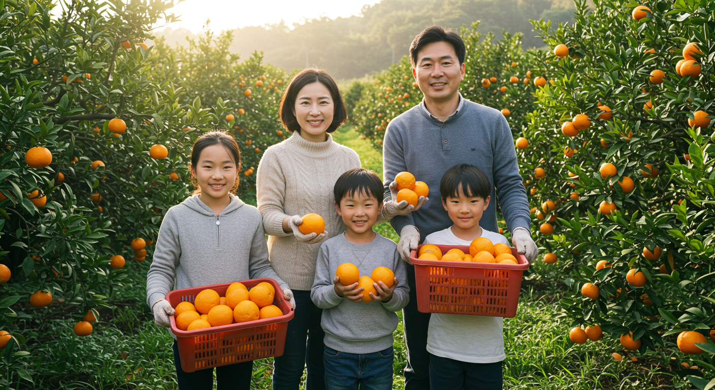 제주 귤밭에서 갓 수확한 귤을 들고 즐거워하는 한국 가족의 모습.