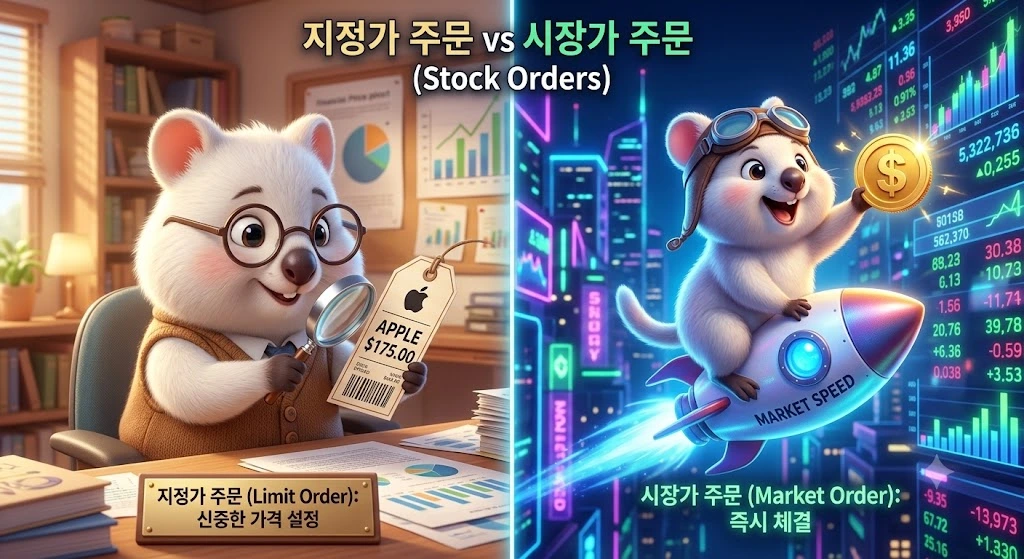 원하는 가격에 도달할 때까지 꼼꼼히 기다리는 '지정가 매매(가격 방어)'와 가격에 상관없이 즉시 주식을 체결시키는 '시장가 매매(속도전)'의 핵심 차이를 돋보기와 로켓에 빗대어 한눈에 직관적으로 비교한 이미지.