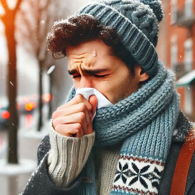 목도리를 한 한랭 알레르기비염 환자가 추운 날 길을 걷다가 콧물을 흘리고 있다.