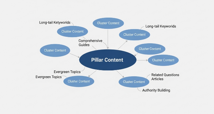 메인 필라 콘텐츠와 세부 클러스터 콘텐츠들이 내부 링크로 연결되어 주제의 권위를 높이는 키워드 클러스터링 전략 다이어그램
