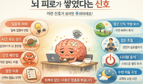 뇌 피로 신호와 회복 전략을 시각적으로 설명하는 이미지