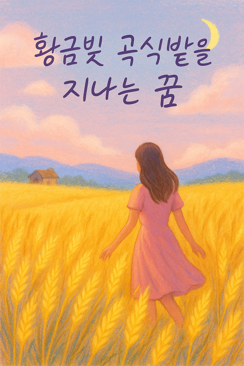몽환적인 파스텔톤 일러스트로 황금빛 곡식밭 사이를 걷는 여성이 따뜻한 하늘빛 아래 서 있는 장면