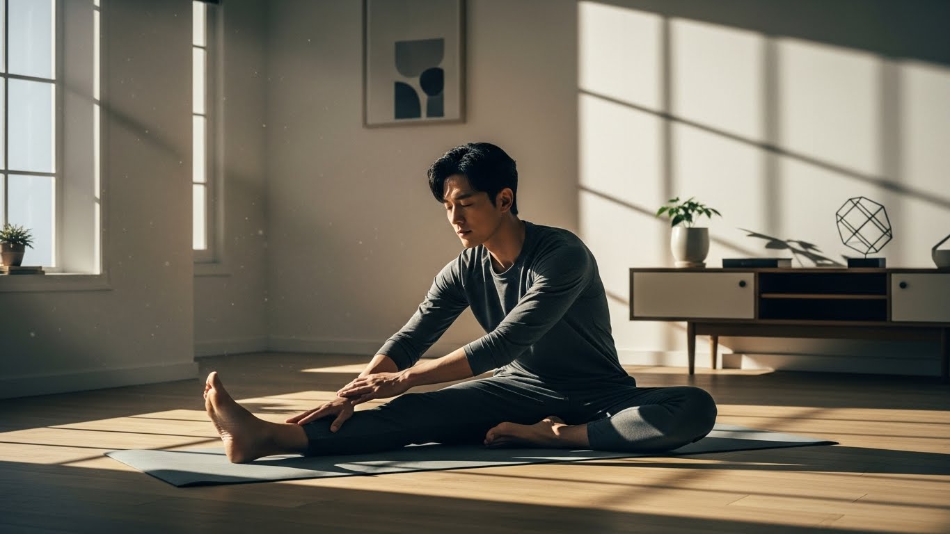 아침 일찍 스마트폰 대신 명상과 요가를 통해 맑은 정신으로 하루를 시작하는 모습