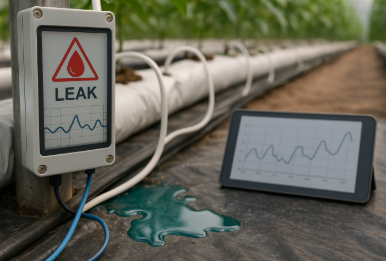 스마트팜 양액 공급 배관 옆에 설치된 누수 감지 센서와 모니터링 태블릿이 있는 장면. 배관 근처에 약간의 양액이 새어 있으며, 센서 화면에 경고 표시가 켜져 있음