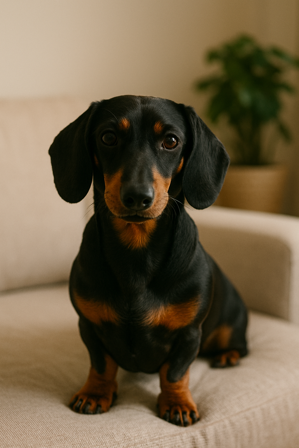 검은 털을 가진 닥스훈트가 쇼파위에 앉아있음