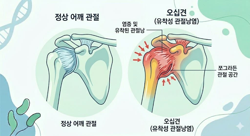 정상 어깨 관절낭 vs 오십견 유착성 관절낭염 염증 두꺼워진 contracted 관절낭 해부학 비교 구조도 인포그래픽