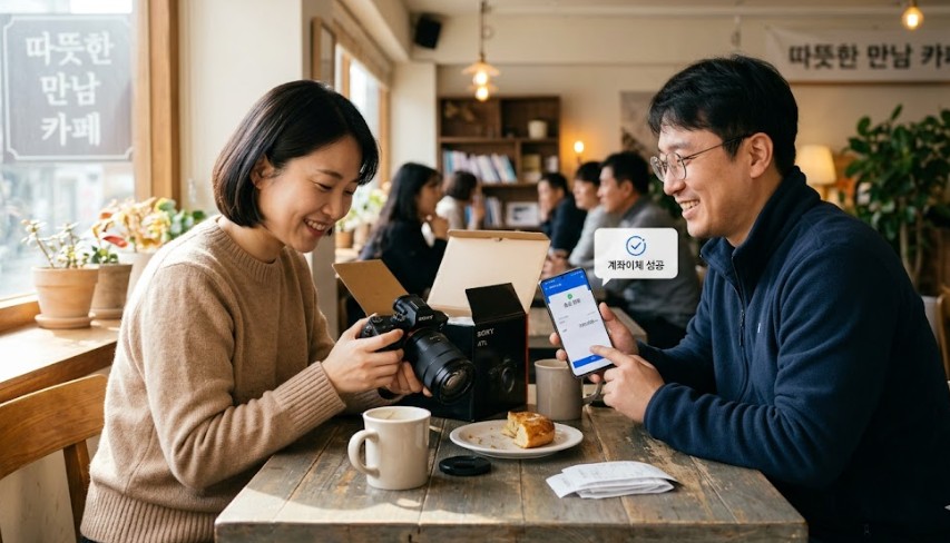 안전한 중고 직거래를 위해 카페에서 만나 물건을 꼼꼼히 확인하고 현장에서 계좌이체를 하는 두 사람의 따뜻한 분위기