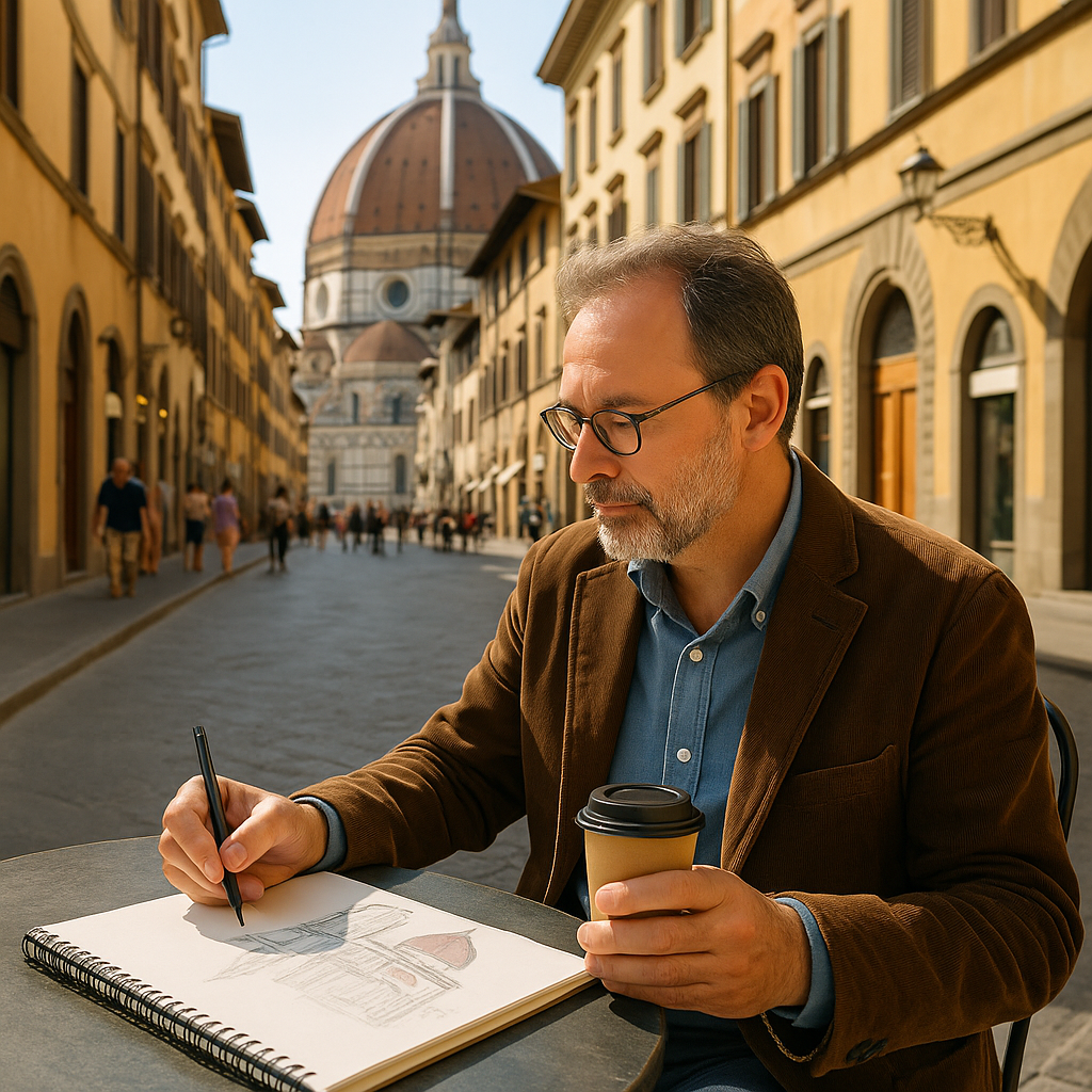 피렌체 두오모 성당이 보이는 거리에서 노트에 건축 스케치를 하며 커피를 들고 앉아 있는 남성.