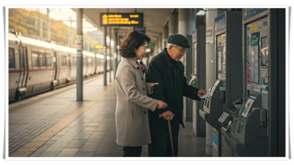 고령자 한분과 동행인이 열차 표를 자동화에서 구매하는 장면