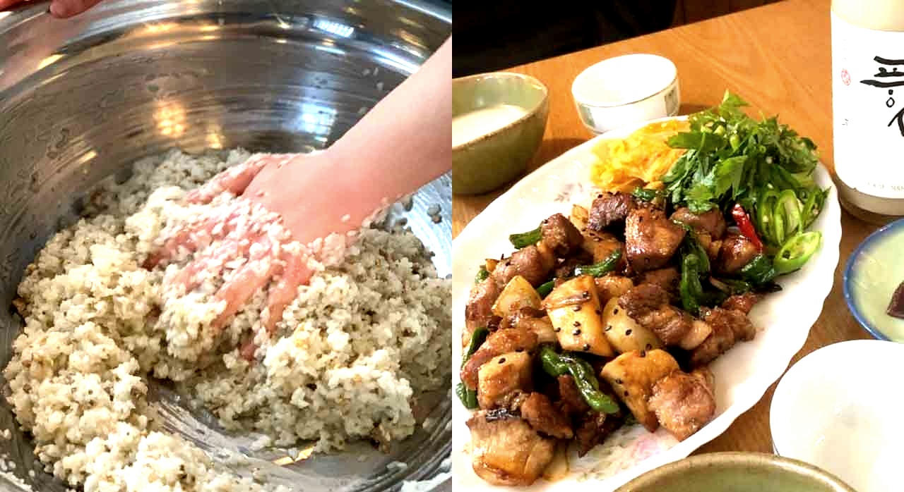 윤주당에서 직접 전통주를 만드는 모습과 한식 안주가 차려진 한 상. [ⓒ네이버플레이스 해방촌 윤주당]