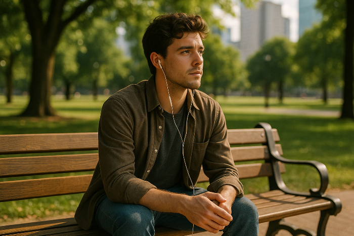 도심 공원에서 음악을 들으며 혼자 있는 청년