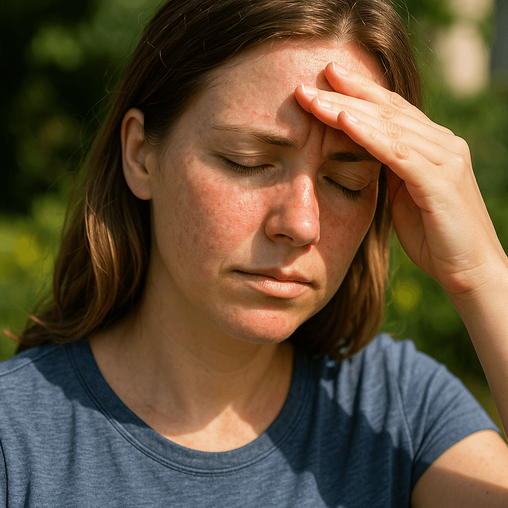 햇빛알레르기가 있는 여성이 햇빛때문에 피부에 발진이나고 괴로워하는 모습