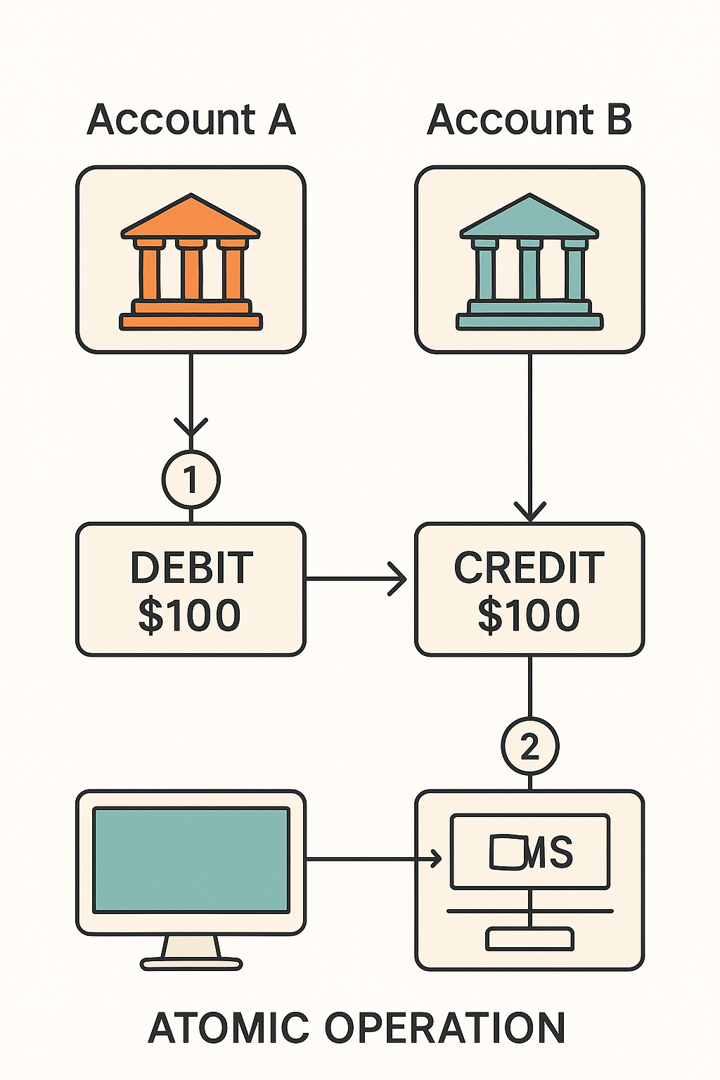 은행 계좌 이체 과정에서 원자성, 일관성, 고립성, 지속성이 각각 어떤 단계에서 적용되는지 단계별로 정리한 다이어그램