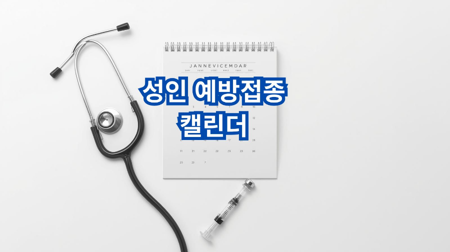 성인 예방접종 시기를 달력과 청진기, 주사기로 표현한 직관적인 이미지