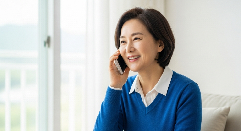 웃으며 통화 중인 엄마의 표정
