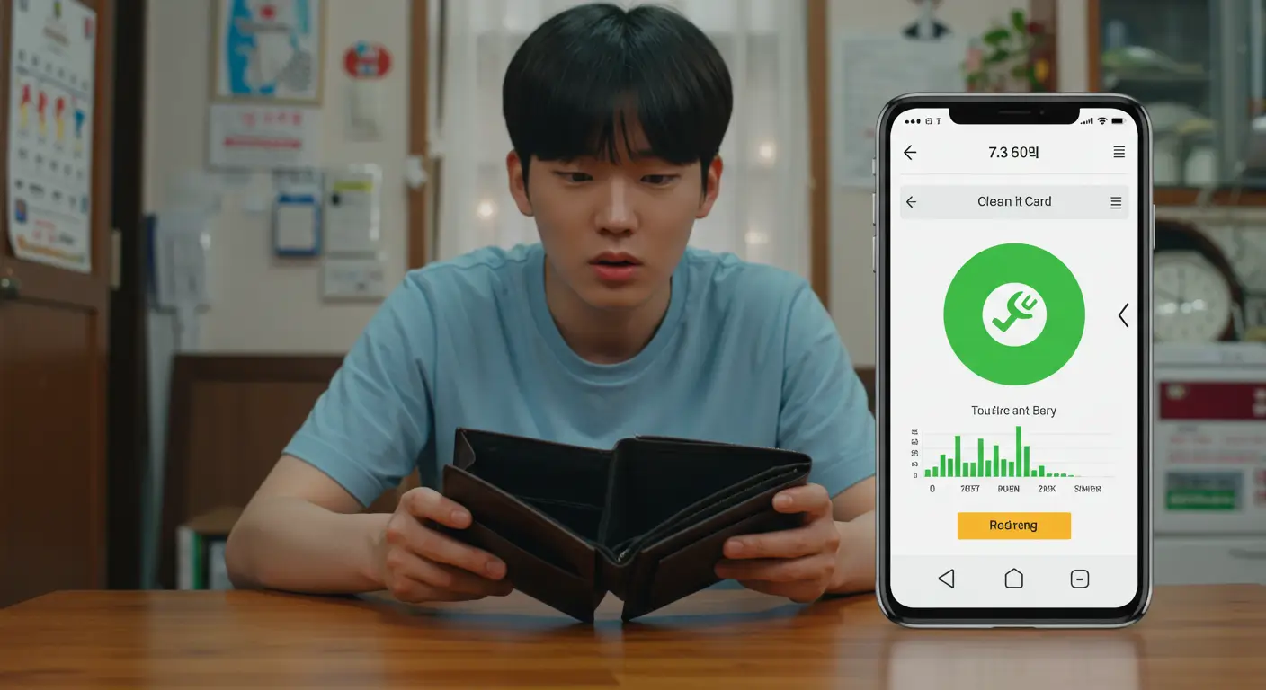 텅 빈 지갑 앞에서 걱정하다가, 스마트폰의 신용카드 내역을 보며 추정소득 대출의 희망을 발견하는 한국인 청년