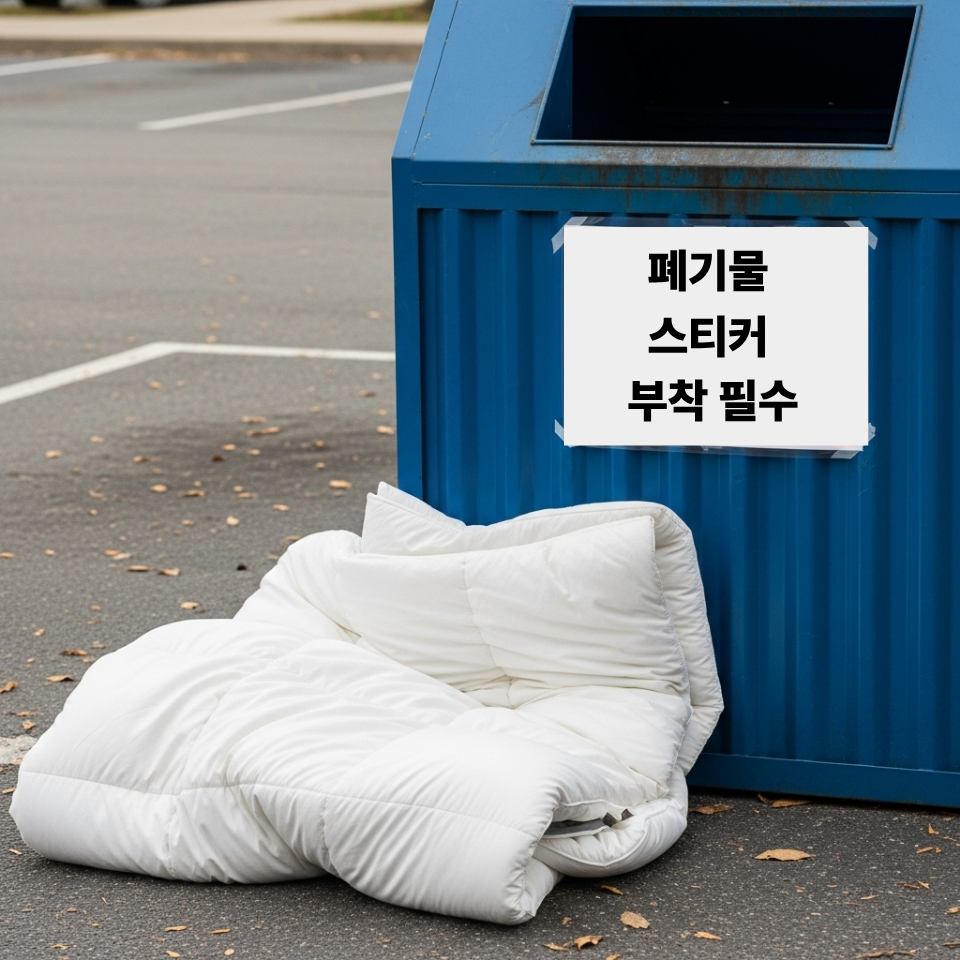 헌옷 수거함 앞에 놓인 두꺼운 솜이불과 그 위에 '폐기물 스티커 부착 필수'라고 쓰인 경고