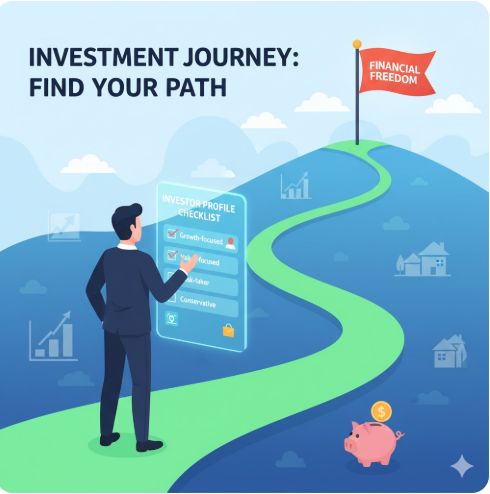 투자자가 자신의 성향을 체크하고 목표 깃발을 향해 가는 모습을 시각화한 일러스트