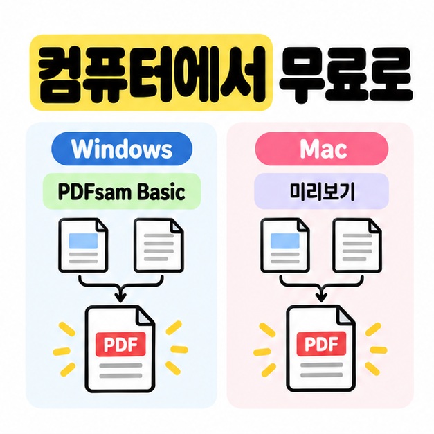 Windows의 PDFsam Basic과 Mac의 미리보기로 문서를 무료로 합치는 방법을 비교한 이미지