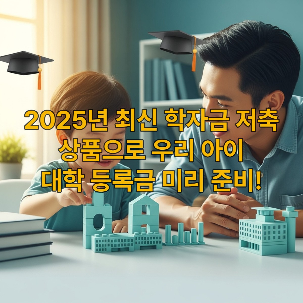 자녀의 밝은 미래를 위해 대학 등록금을 저축하는 부모와 아이의 모습