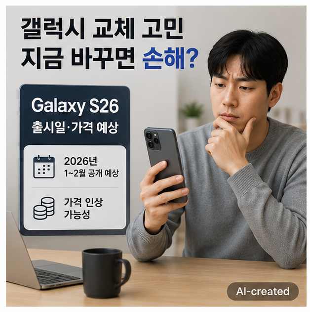 갤럭시 S26 출시일 가격 예상 때문에 스마트폰 교체 시점을 고민하는 상황 이미지