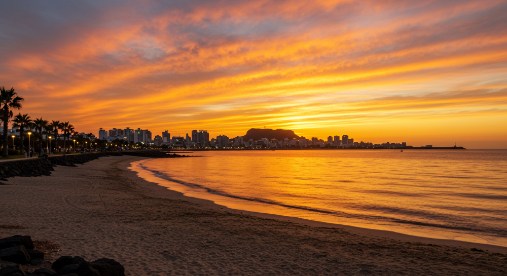 제주시 탑동 해변공원의 노을과 도시 야경이 어우러진 풍경