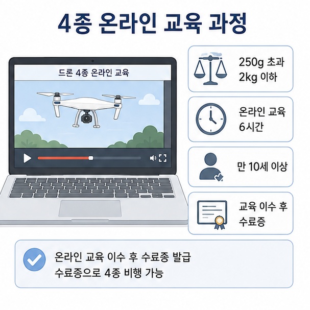 최대이륙중량 250g 초과 2kg 이하인 드론 4종은 온라인 교육 6시간을 이수해 수료증을 받는 과정을 설명한 이미지