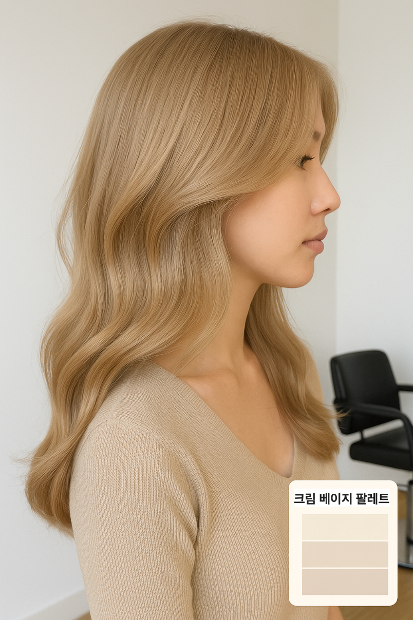 &ldquo;웜톤의 밝은 크림 베이지 컬러로 염색한 동양인 긴 머리의 옆모습 클로즈업 이미지. 햇빛 아래 은은한 골드빛이 감도는 자연스러운 탈색 컬러. 화면 구석에 &lsquo;크림 베이지 팔레트&rsquo;가 함께 표시되어 있음.&rdquo;