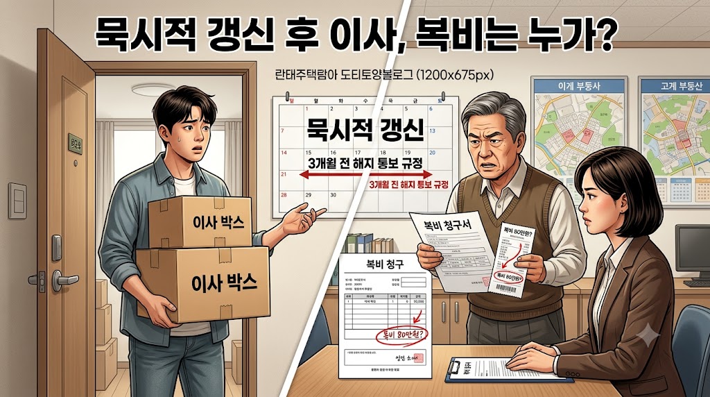 묵시적 갱신 중도 퇴거 복비 부담 - 세입자가 먼저 나갈 때 중개수수료 누가 내는지 법적 기준 안내