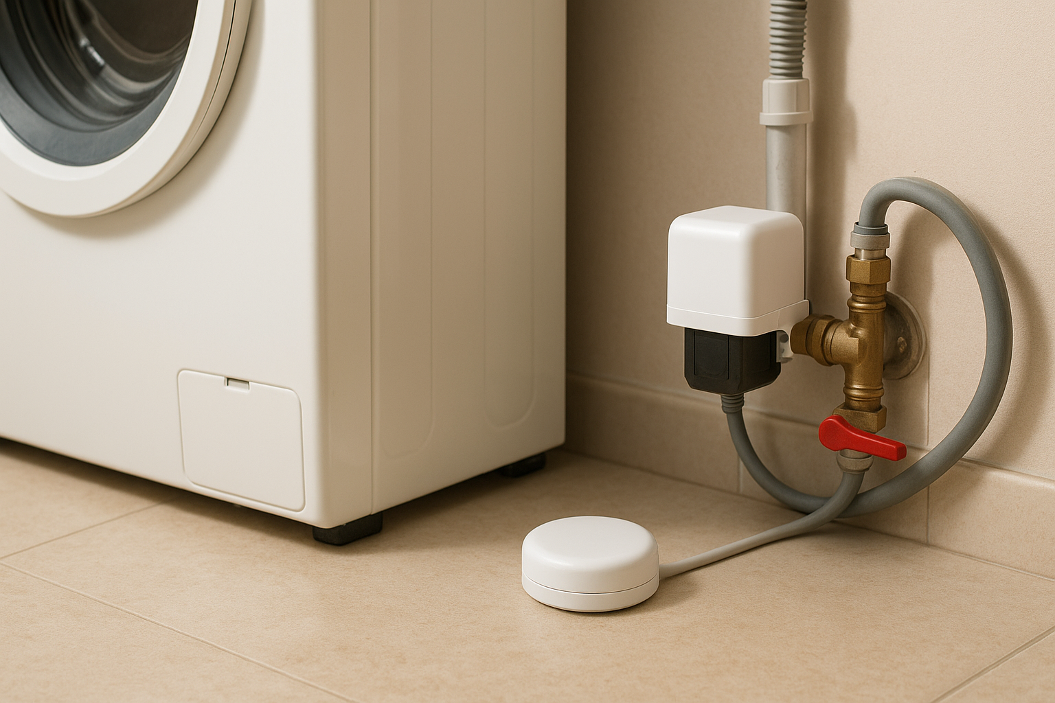 세탁기 옆 바닥에 놓인 누수 센서, 미세누수 즉시 감지 예시