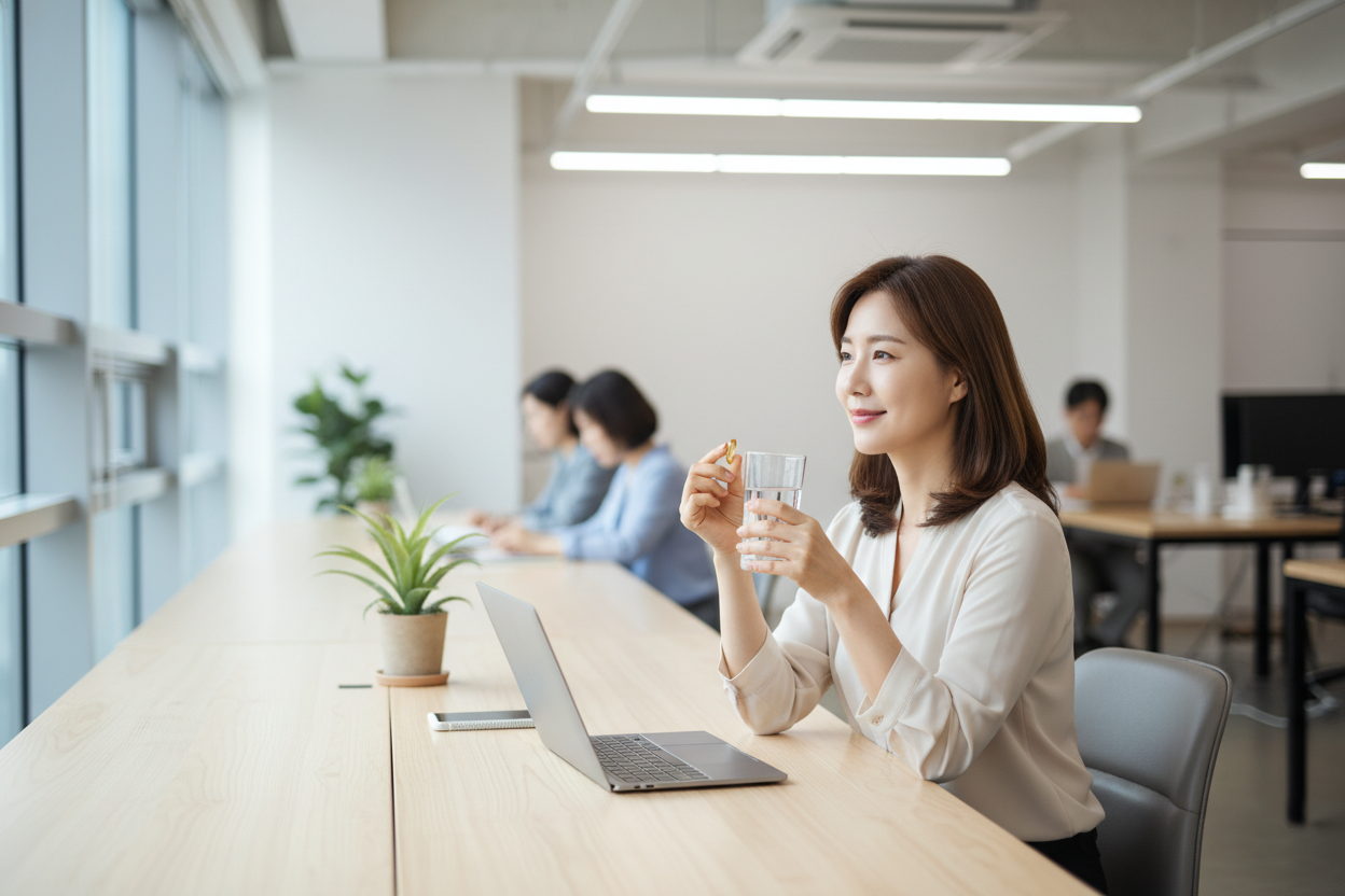 밝은 사무실에서 한국인 여성 직장인이 노트북 앞에서 루테인 오메가3 캡슐과 물 한 잔을 들고 미소 짓는 장면