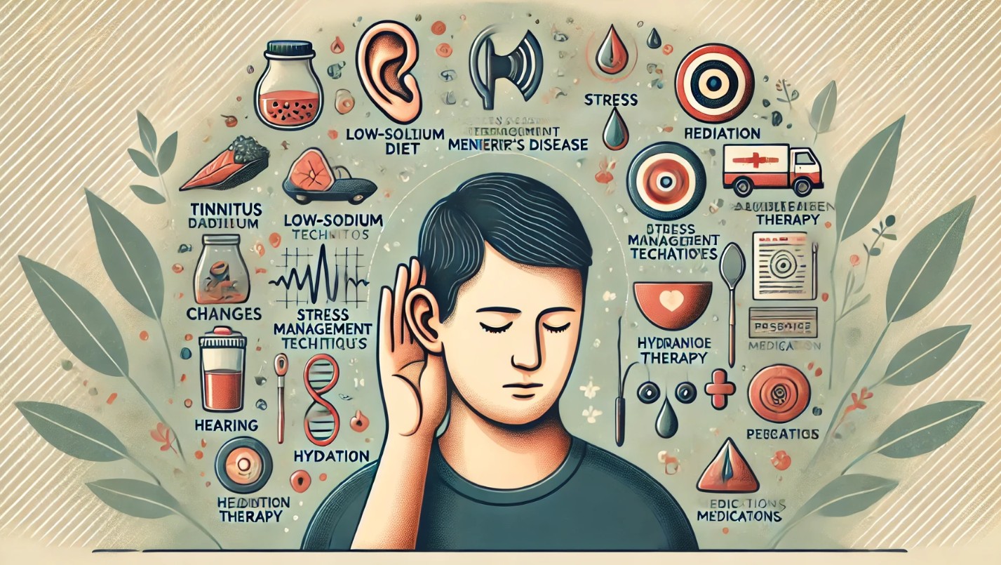 이명과 메니에르병으로 귀를 잡고 불편함을 느끼는 사람의 모습과 의료적 관리 방법이 강조된 건강 정보 이미지