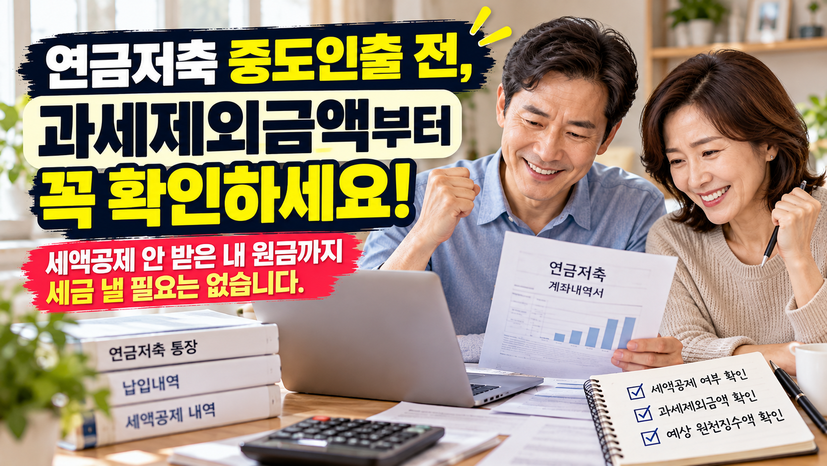 연금저축 중도인출 전에 세액공제 여부와 과세제외금액을 확인해 불필요한 세금을 피하려는 모습을 표현한 이미지