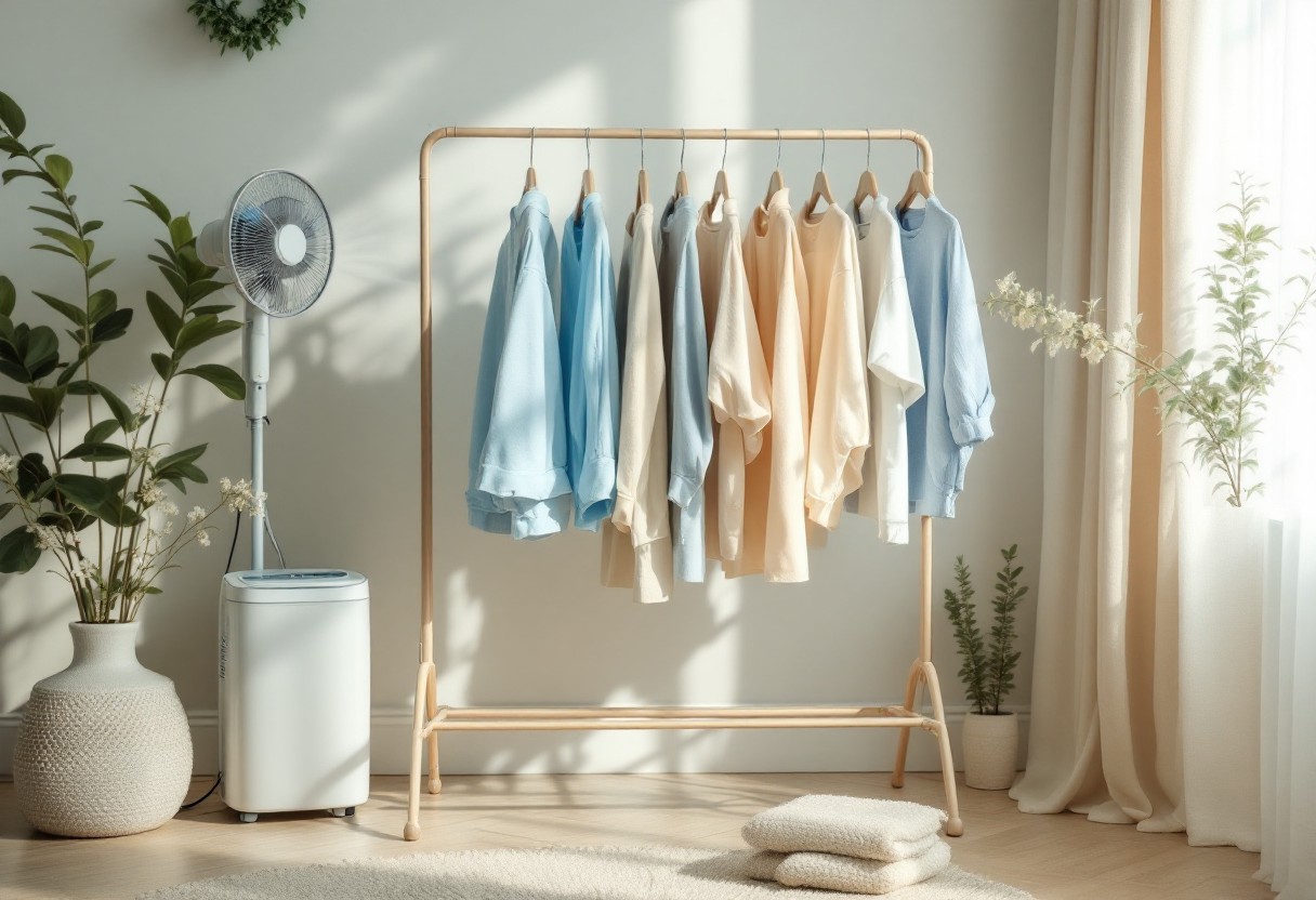 제습기와 선풍기를 활용한 실내 빨래 건조 모습