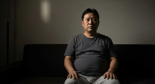 잠 부족으로 소파에 앉아서 고민하고 있는 배 나온 남성 이미지