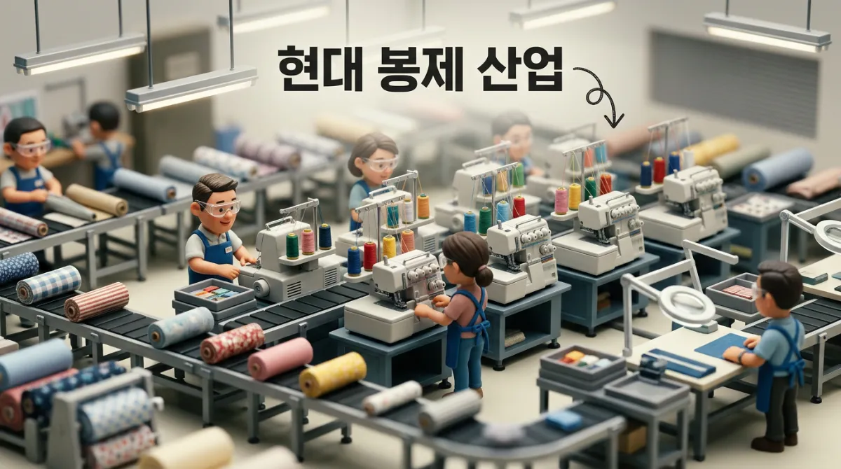 현대 봉제 공장에서 대량 생산 중인 오버로크 미싱 디오라마