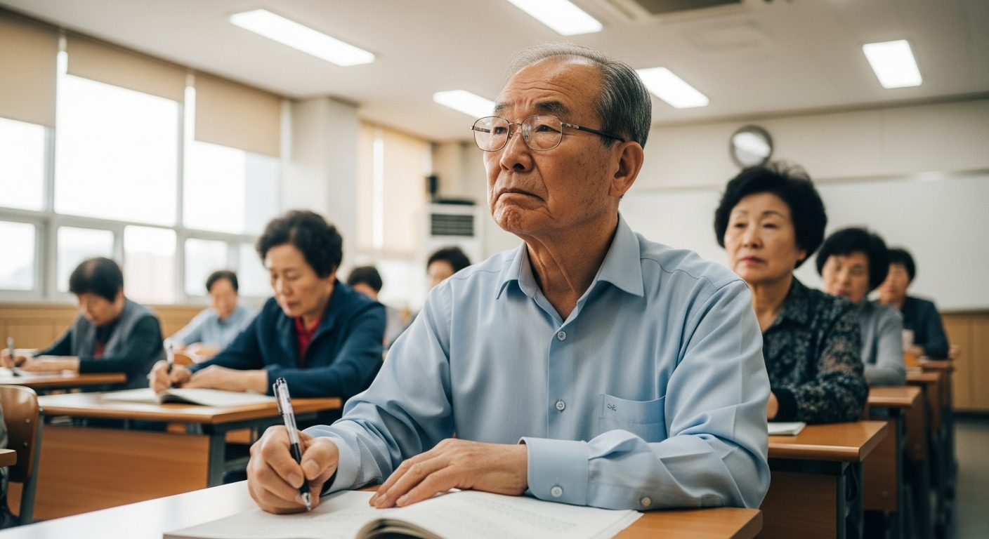 시니어 대학 강의실에서 열심히 필기하는 70세 신입생