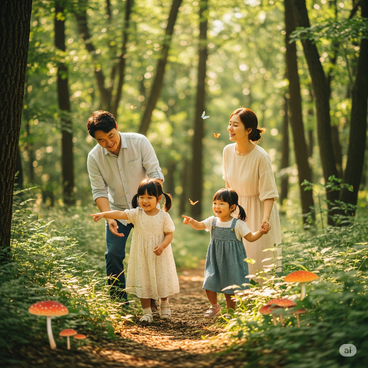 숲 속에서 산림욕을 즐기는 4인 가족