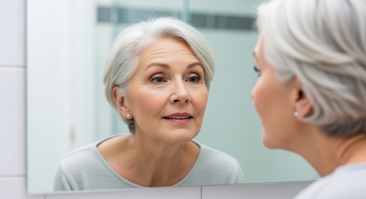 거울 앞에서 피부를 확인하는 밝고 건강한 시니어 얼굴