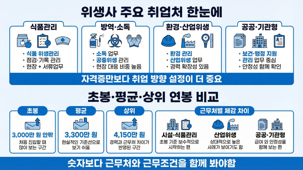 위생사 주요 취업처와 업무 방향을 비교한 보조이미지
