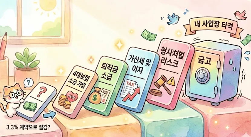 프피랜서 vs 근로자: 따뜻한 수채화풍 애니메이션 일러스트로&amp;#44; &amp;#39;가짜 3.3 계약&amp;#39;이 초래하는 연쇄 리스크를 도미노로 시각화했습니다. 책상 위 고양이 캐릭터가 지켜보는 가운데&amp;#44; &amp;#39;3.3% 계약으로 절감?&amp;#39;이라는 작은 블록이 쓰러지며 더 큰 블록들을 차례로 무너뜨립니다. 도미노 블록들에는 &amp;#39;4대보험 소급 가입&amp;#39;&amp;#44; &amp;#39;퇴직금 소급&amp;#39;&amp;#44; &amp;#39;가산세 및 이자&amp;#39;&amp;#44; &amp;#39;형사처벌 리스크&amp;#39; 텍스트가 적혀 있으며&amp;#44; 이 연쇄 반응은 결국 &amp;#39;내 사업장 타격&amp;#39;이라는 배너가 달린 흔들리는 &amp;#39;금고&amp;#39;로 이어집니다. 프리랜서와 근로자 계약의 차이를 무시했을 때 발생할 수 있는 막대한 재무적&amp;#44; 법적 리스크를 직관적으로 경고하는 이미지입니다. 