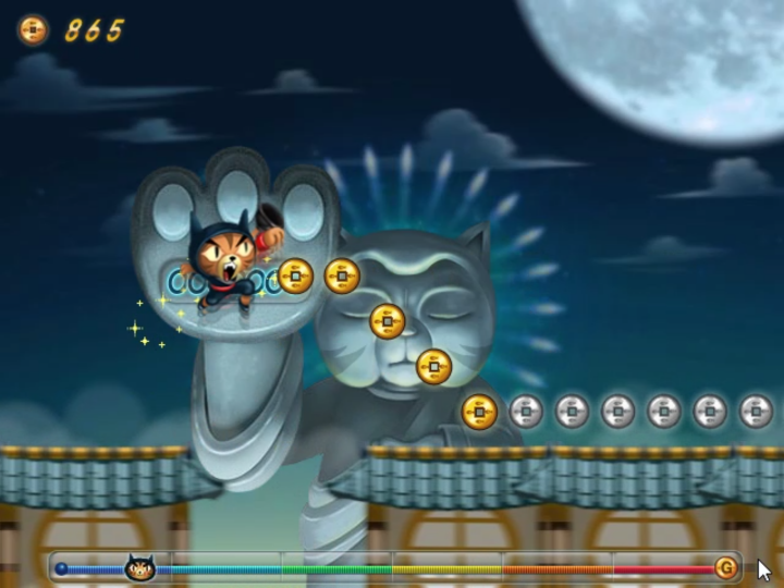 고군분투-한게임플래시-게임하기-플레이-닌자-고양이-고군이-지붕-위를-달리며-위험을-피하기-위해-점프하는-화면