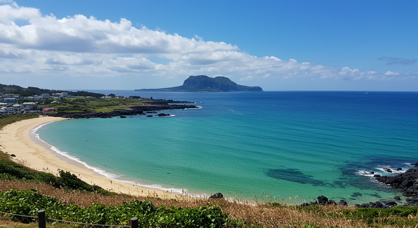 에메랄드빛 협재해변과 비양도가 보이는 제주 풍경