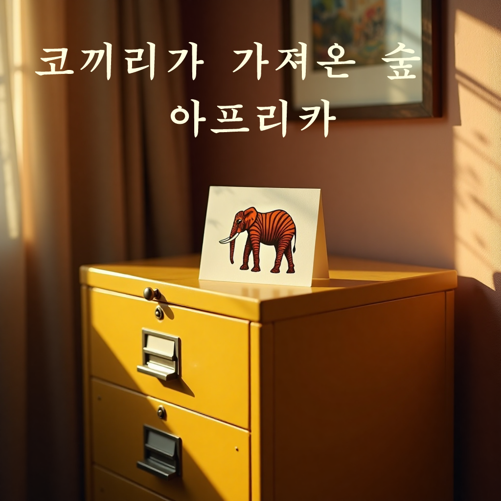 거실 서랍장 위에 코끼리 그림이 그려져 있는 카드한장